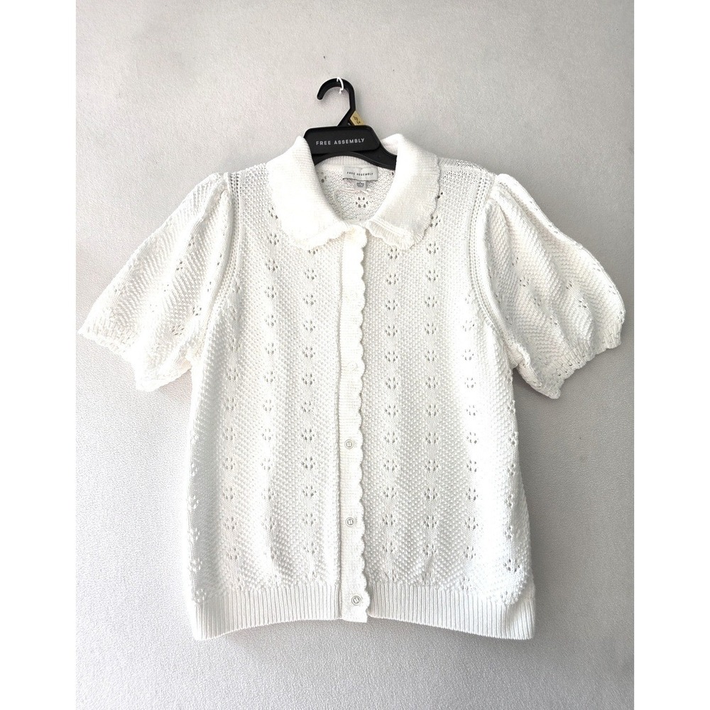 Free Assembly Womens White Pointelle Knit Collared Cardigan Sweater Large NWT